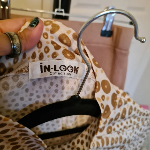 3/4 Beige Brown Round Pattern Blouse Stretchable Maxi Bodycon Semi Formal Tops - Picture 2 of 2